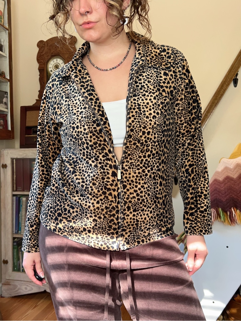 Liz Claiborne Y2K Leopard print Velvet Zip up Jacket Cotton Velour Animal Print